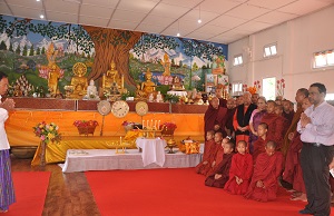 The Governor of Arunachal Pradesh Shri P.B. Acharya and States First Lady Smt Kavita Acharya with monks in the Pariyati Sasana Buddhist Vihara (Buddhist Temple) at Namsai on 5th August 2017. 